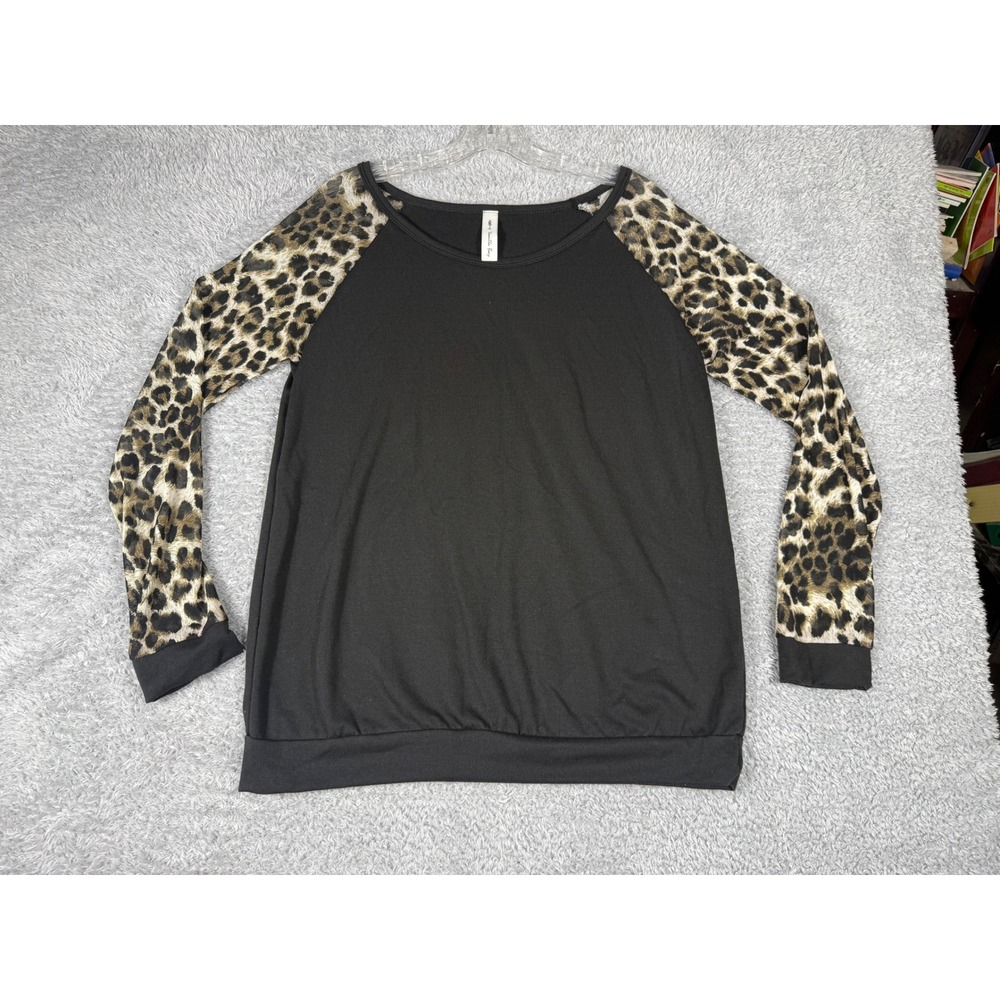 Vanilla Bay Top Womens Large Black Leopard Raglan Long Sleeve Good VT4423 Casual